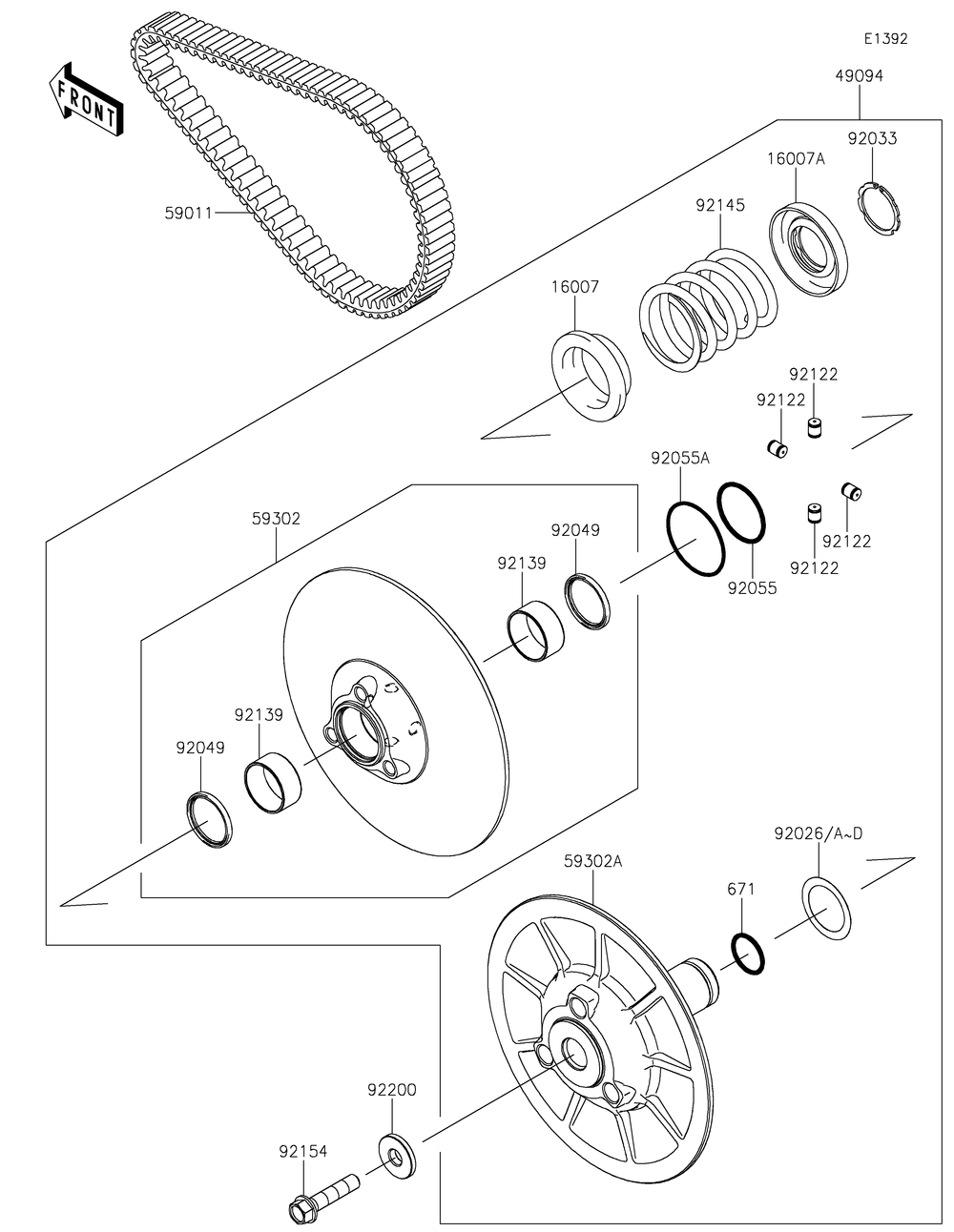 Driven Converter/Drive Belt Diagram and Parts List for KAF820BJF 2018 Kawasaki Lawn Tractor Accessories