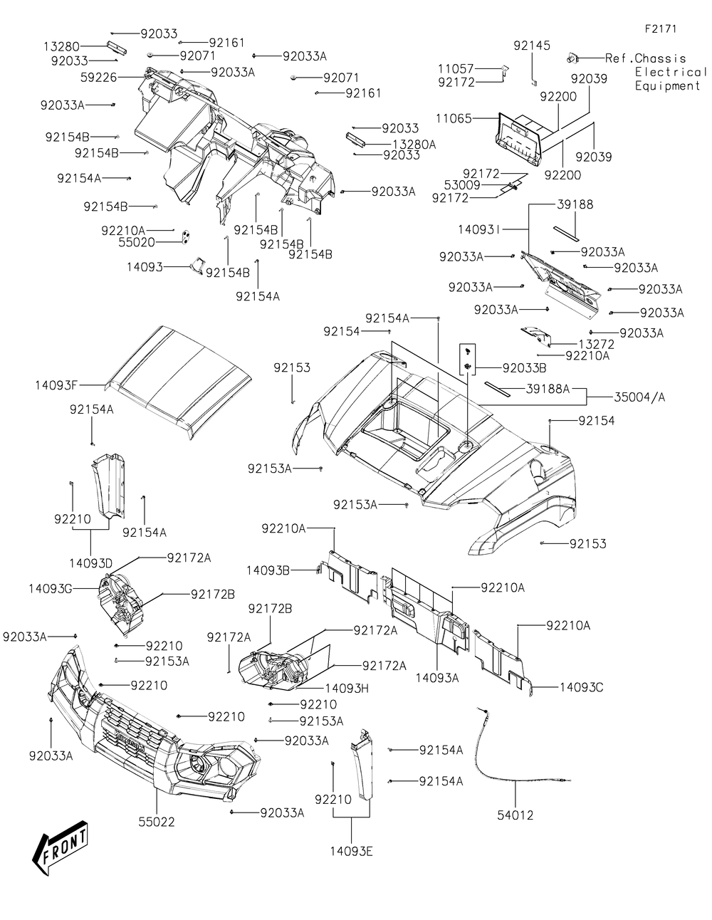 Front Fender Diagram and Parts List for KAF700AKF 2019 Kawasaki Lawn Tractor Accessories