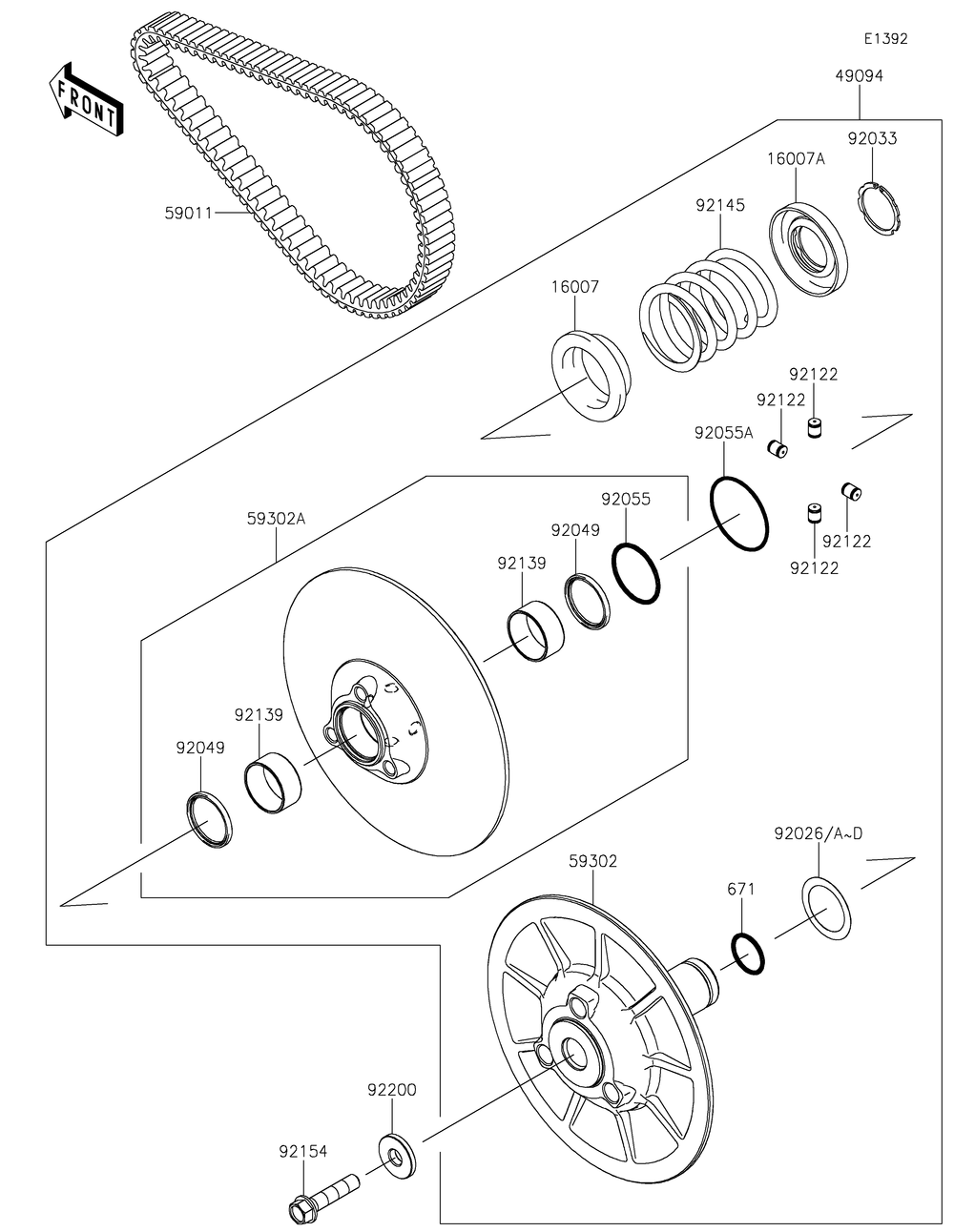 Driven Converter/Drive Belt Diagram and Parts List for KAF820CMFNL 2021 Kawasaki Lawn Tractor Accessories