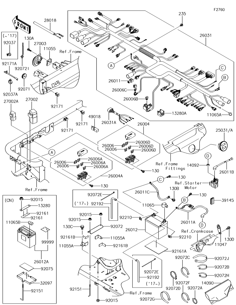 Chassis Electrical Equipment Diagram and Parts List for KAF620VGF 2016 Kawasaki Lawn Tractor Accessories
