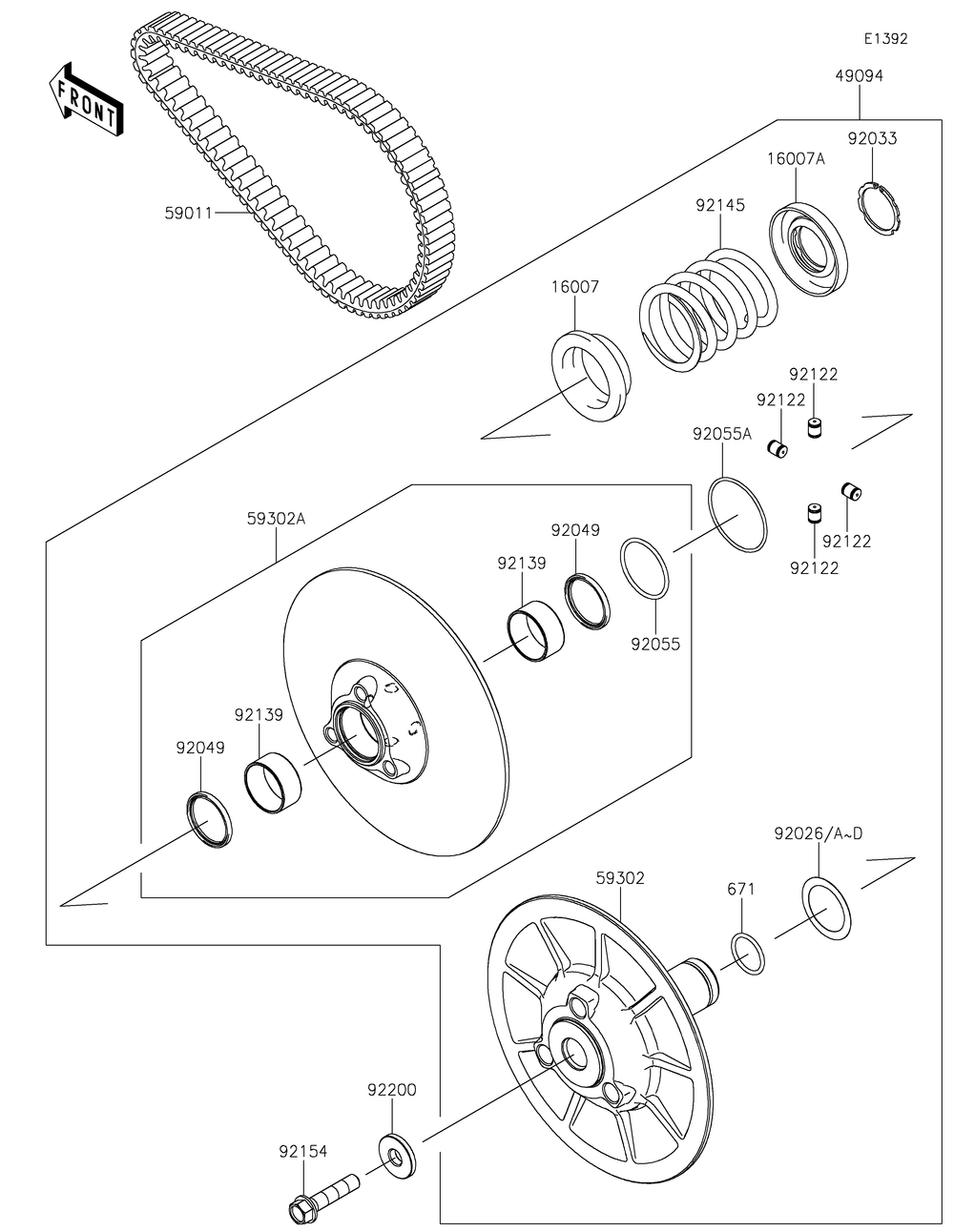 Driven Converter/Drive Belt Diagram and Parts List for KAF820AMFNL 2021 Kawasaki Lawn Tractor Accessories