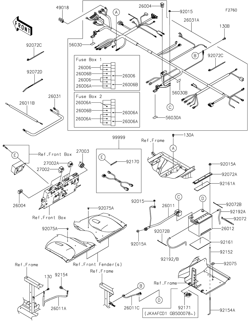 Chassis Electrical Equipment Diagram and Parts List for KAF1000DGF 2016 Kawasaki Lawn Tractor Accessories