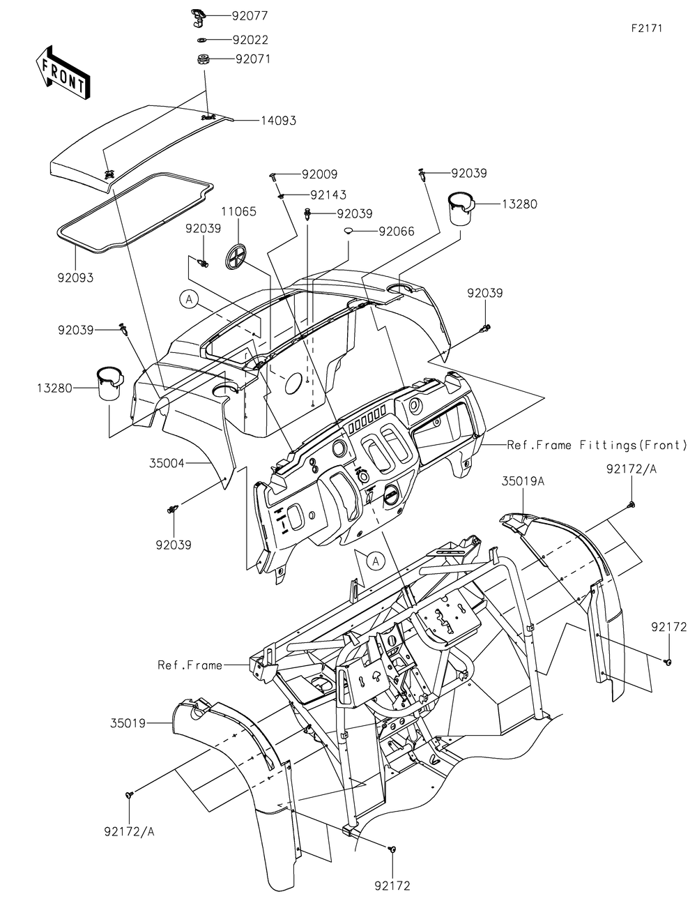 Front Fender Diagram and Parts List for KAF400LHS 2017 Kawasaki Lawn Tractor Accessories