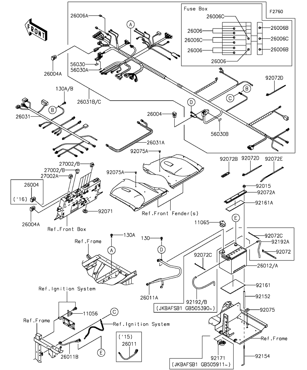 Chassis Electrical Equipment Diagram and Parts List for KAF820BGF 2016 Kawasaki Lawn Tractor Accessories