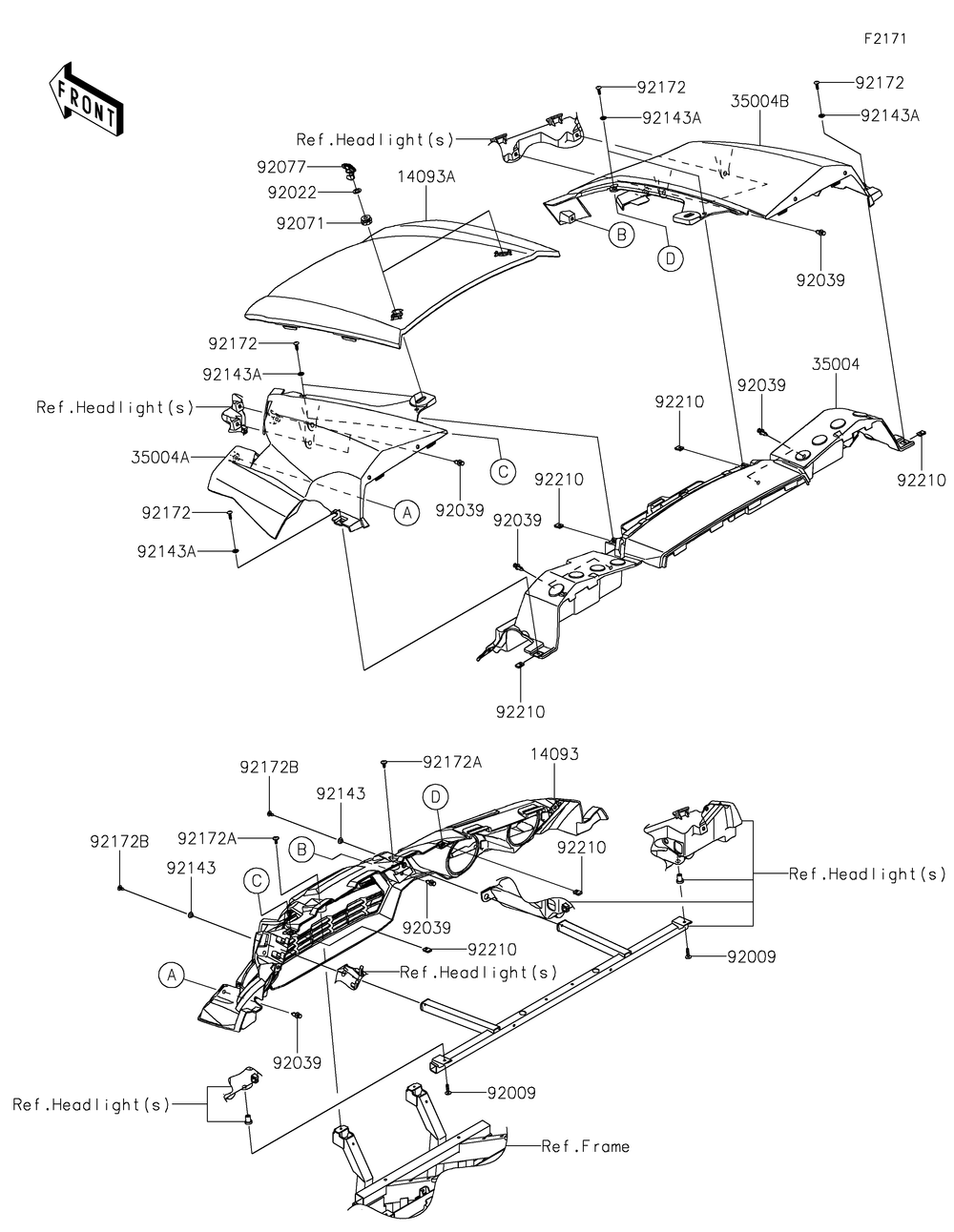 Front Fender Diagram and Parts List for KRF800HLF 2020 Kawasaki Lawn Tractor Accessories