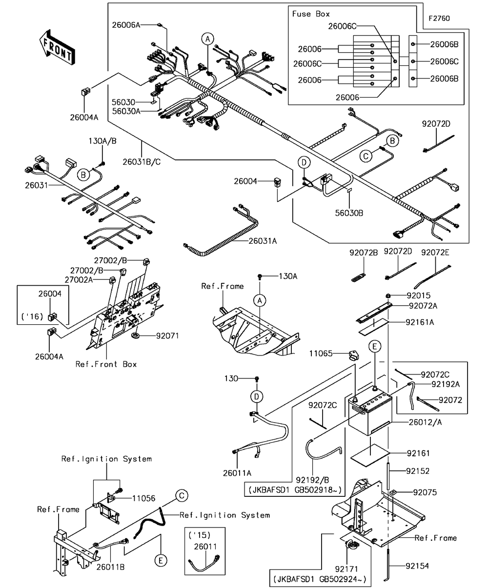 Chassis Electrical Equipment Diagram and Parts List for KAF820DGF 2016 Kawasaki Lawn Tractor Accessories