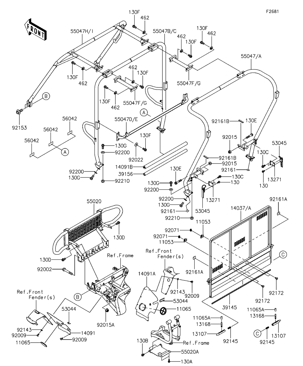Guards/Cab Frame Diagram and Parts List for KAF620RFF 2015 Kawasaki Lawn Tractor Accessories
