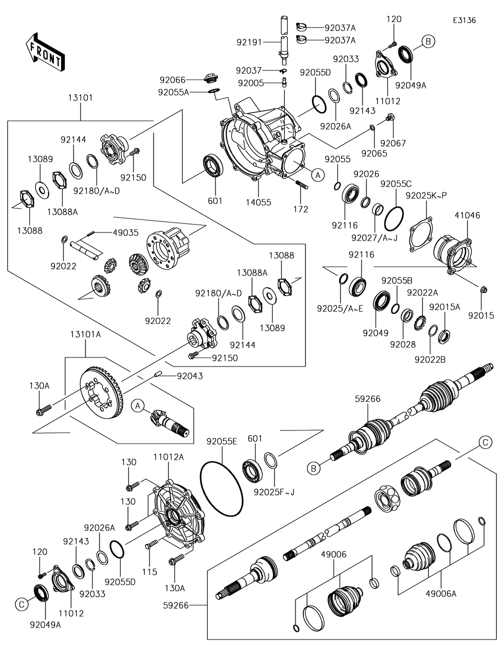 Drive Shaft-Front Diagram and Parts List for KAF620XJF 2018 Kawasaki Lawn Tractor Accessories