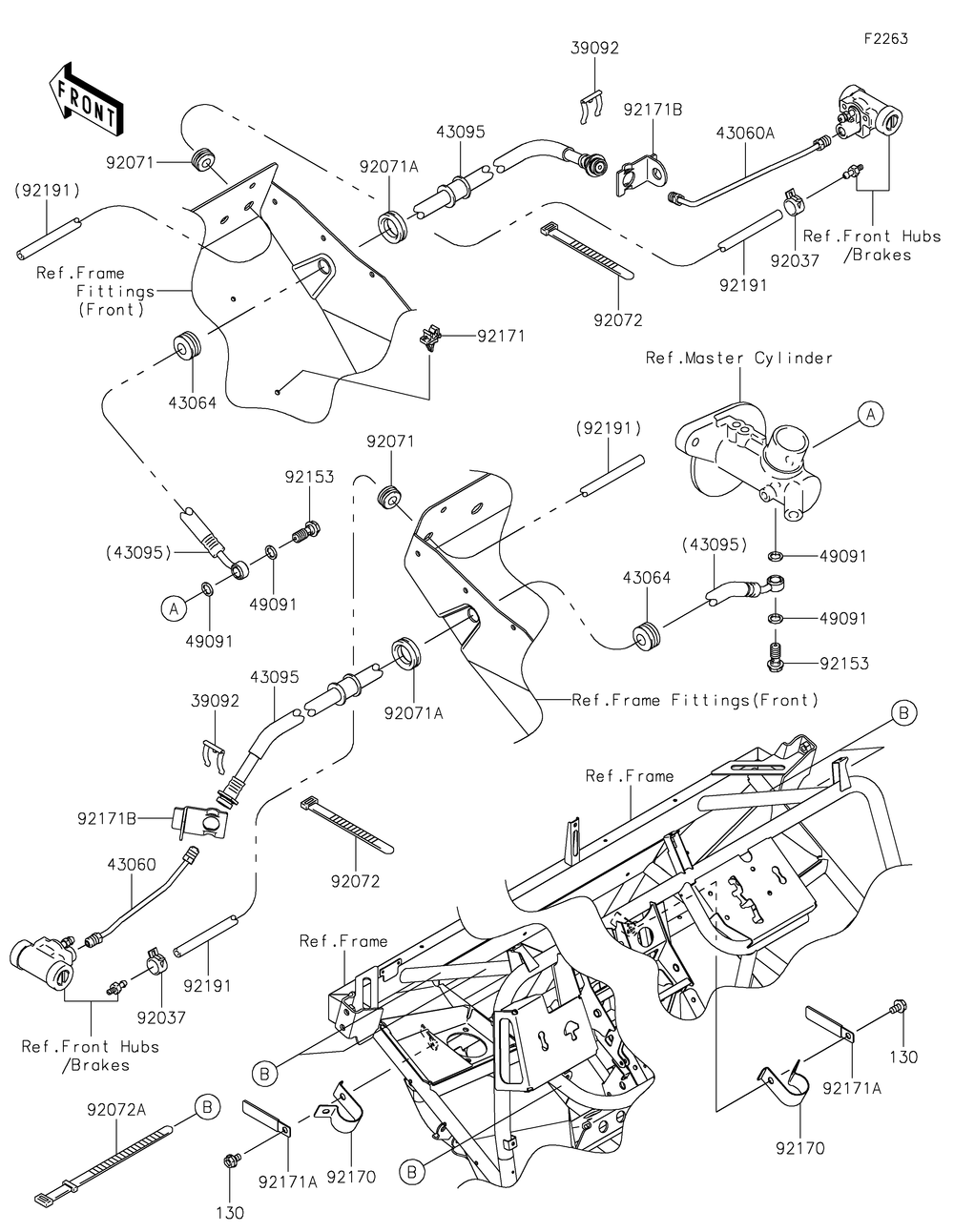 Front Brake Piping Diagram and Parts List for KAF400TKS 2019 Kawasaki Lawn Tractor Accessories