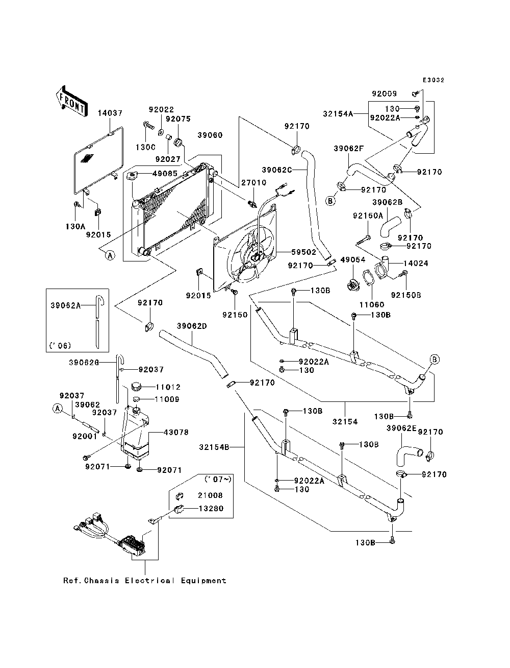 Radiator Diagram and Parts List for KAF620K7F 2007 & Prior Kawasaki Lawn Tractor Accessories