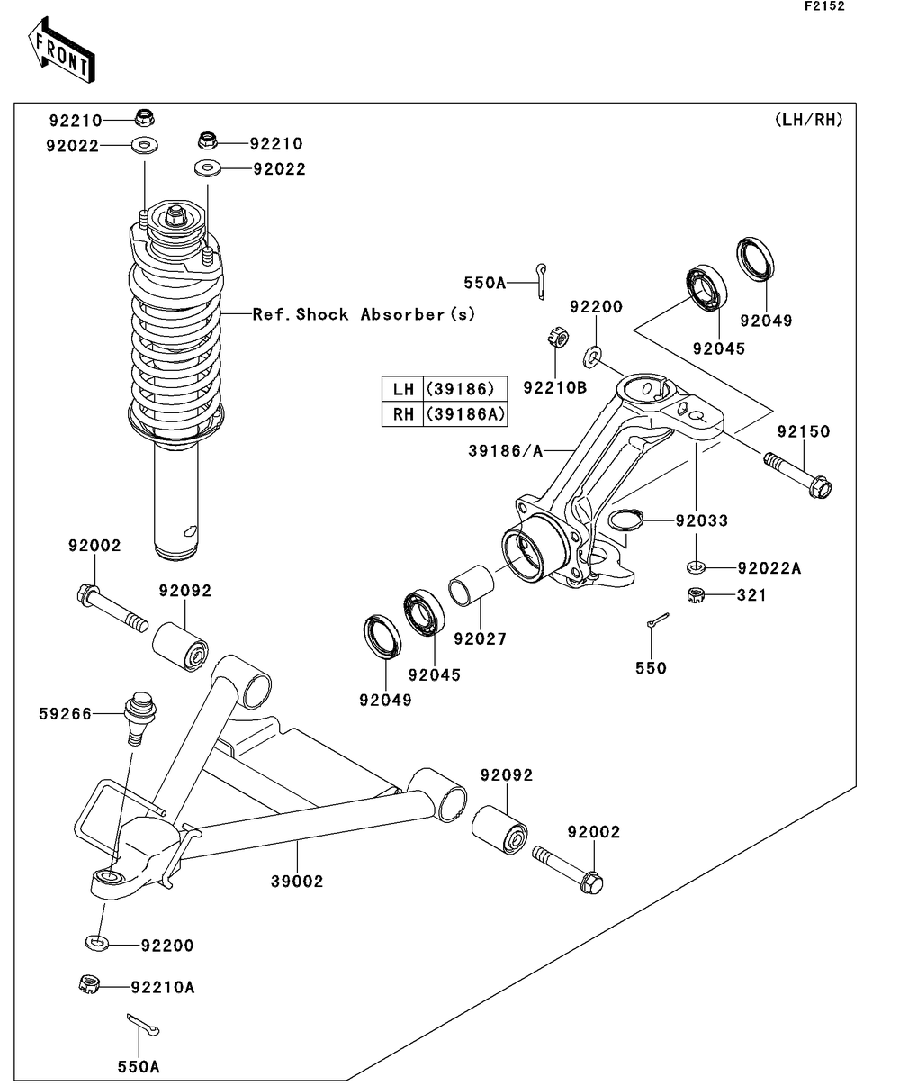 Front Suspension Diagram and Parts List for KAF620SDF 2013 Kawasaki Lawn Tractor Accessories