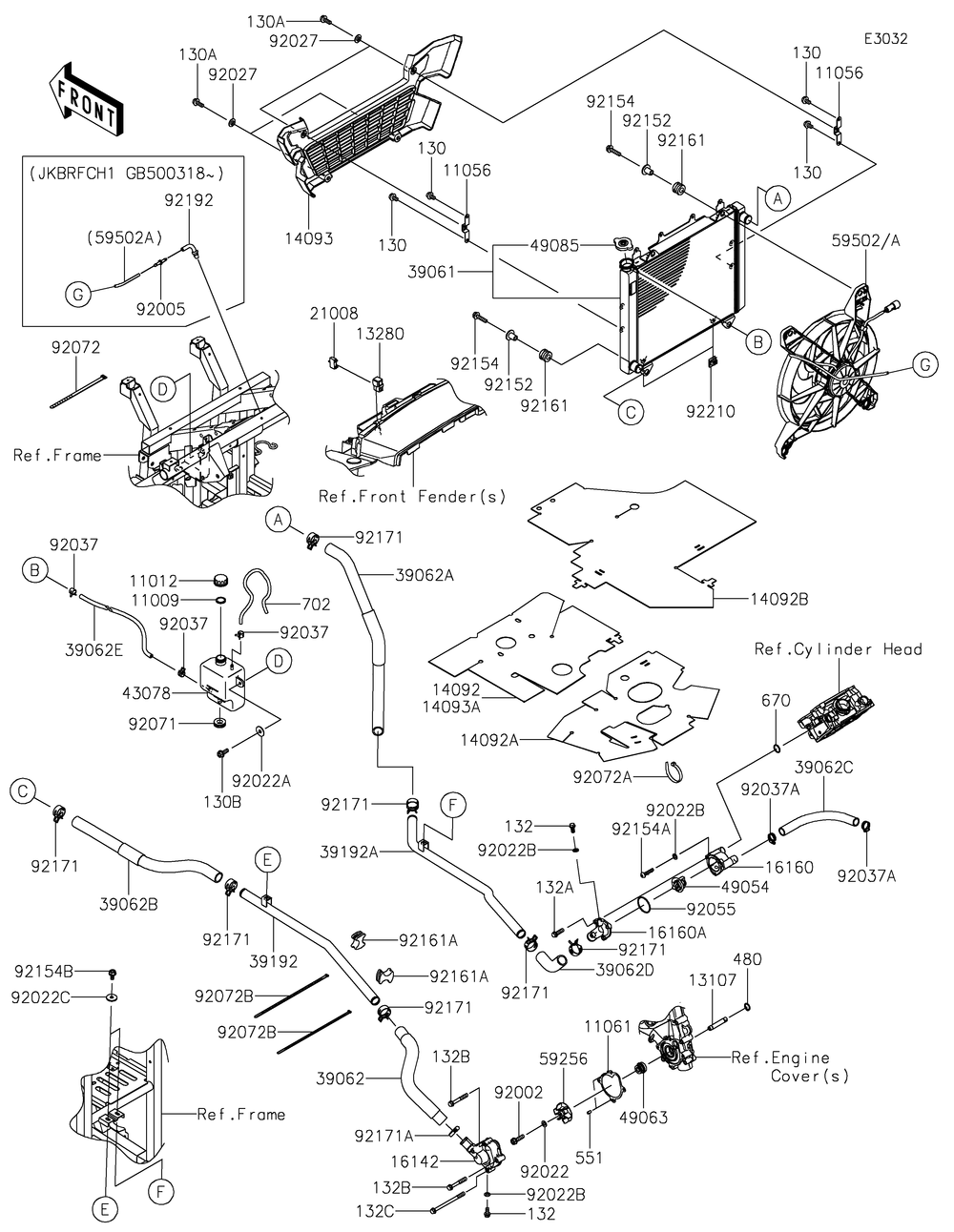 Radiator Diagram and Parts List for KRF800HLF 2020 Kawasaki Lawn Tractor Accessories