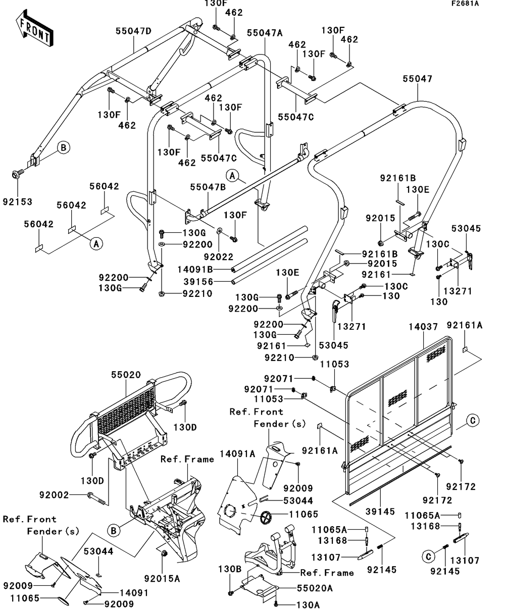 Guards/Cab Frame Diagram and Parts List for KAF950GDF 2013 Kawasaki Lawn Tractor Accessories