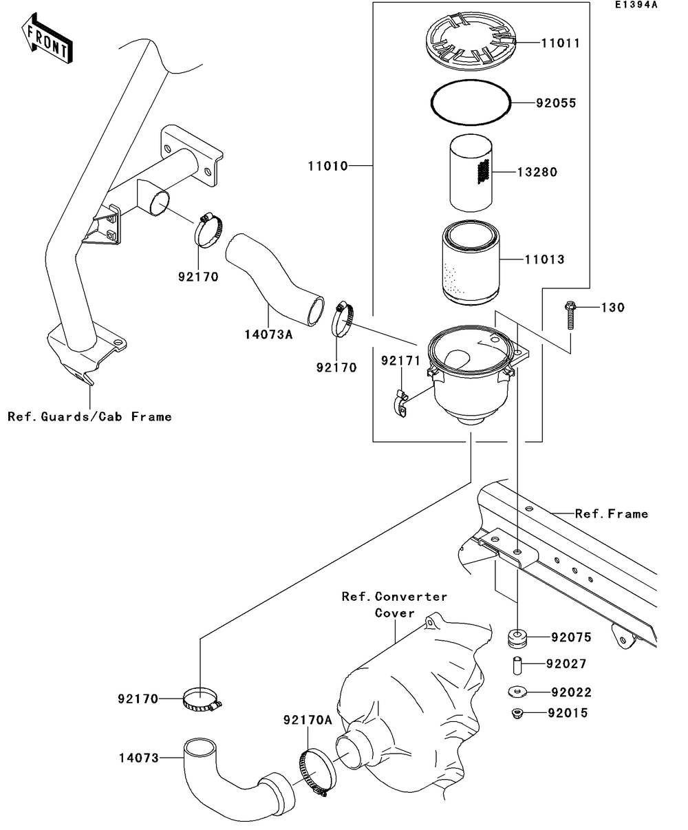 Air Cleaner-Belt Converter Diagram and Parts List for KAF620SDF 2013 Kawasaki Lawn Tractor Accessories