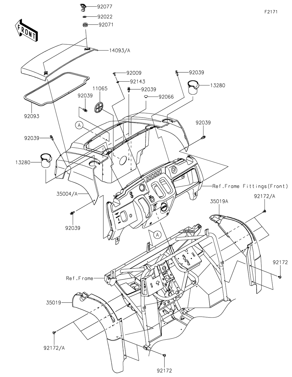 Front Fender Diagram and Parts List for KAF400HHF 2017 Kawasaki Lawn Tractor Accessories