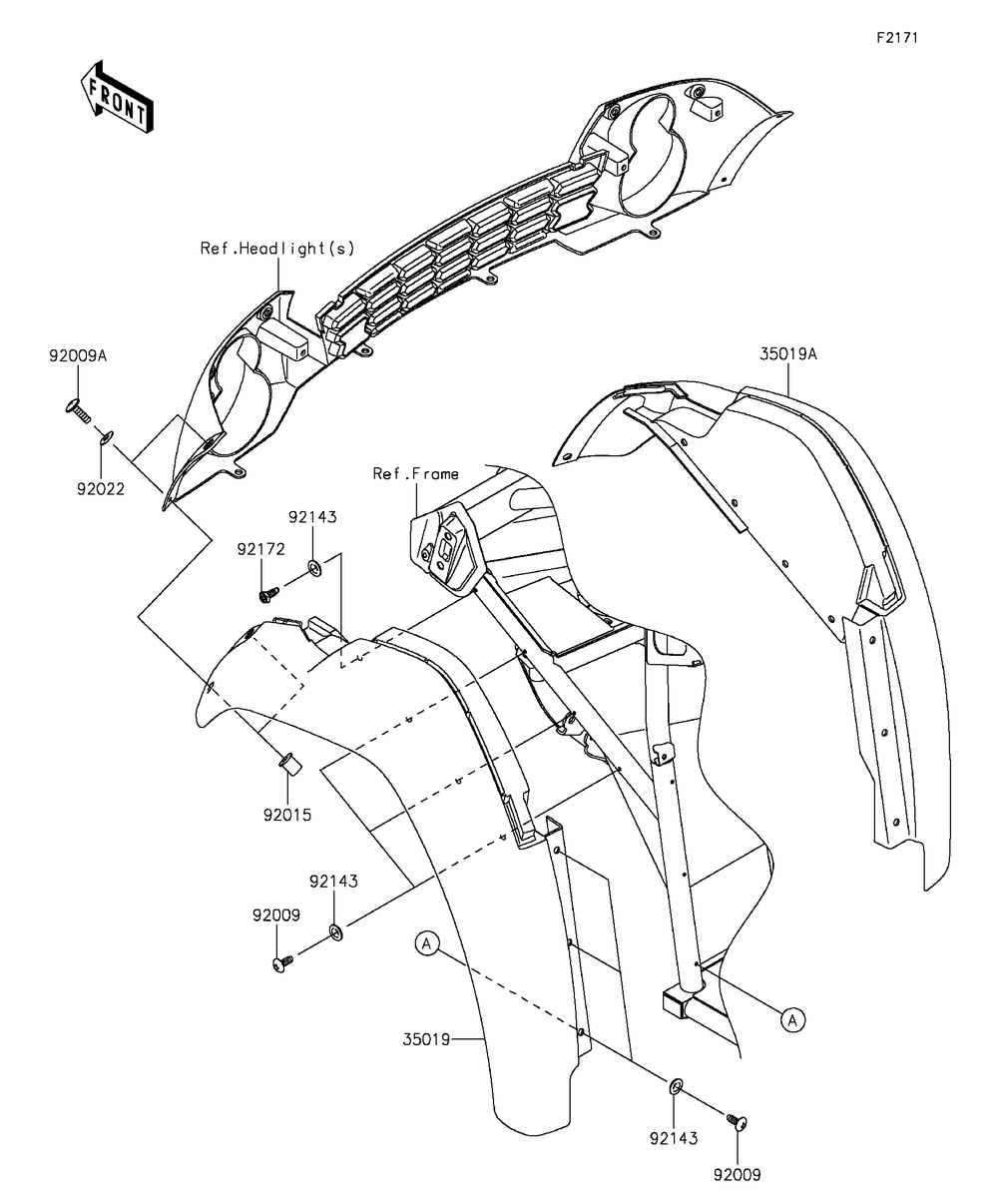 Front Fender Diagram and Parts List for KAF400FGF 2016 Kawasaki Lawn Tractor Accessories