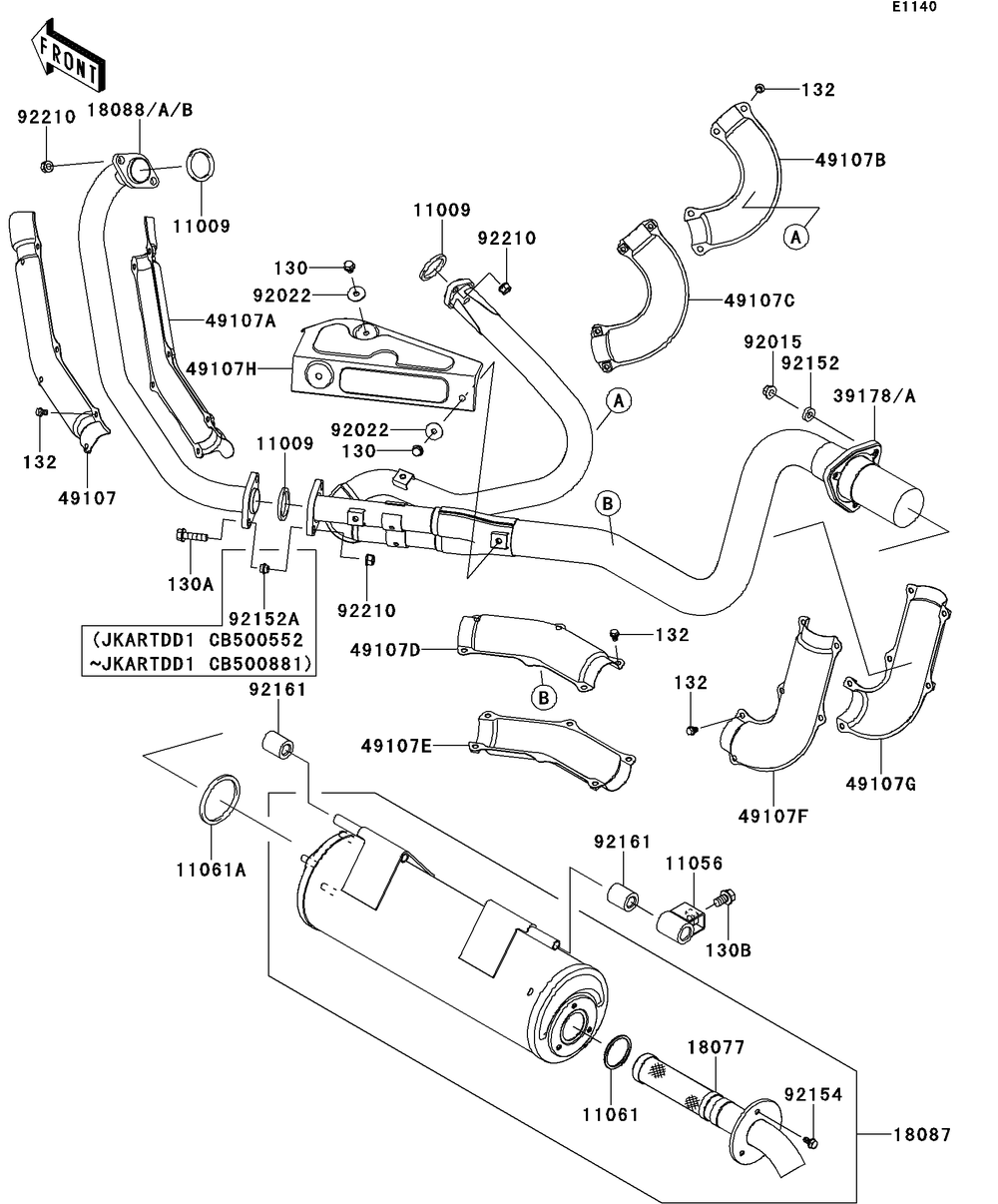 Muffler Diagram and Parts List for KRT750DCF 2012 Kawasaki Lawn Tractor Accessories