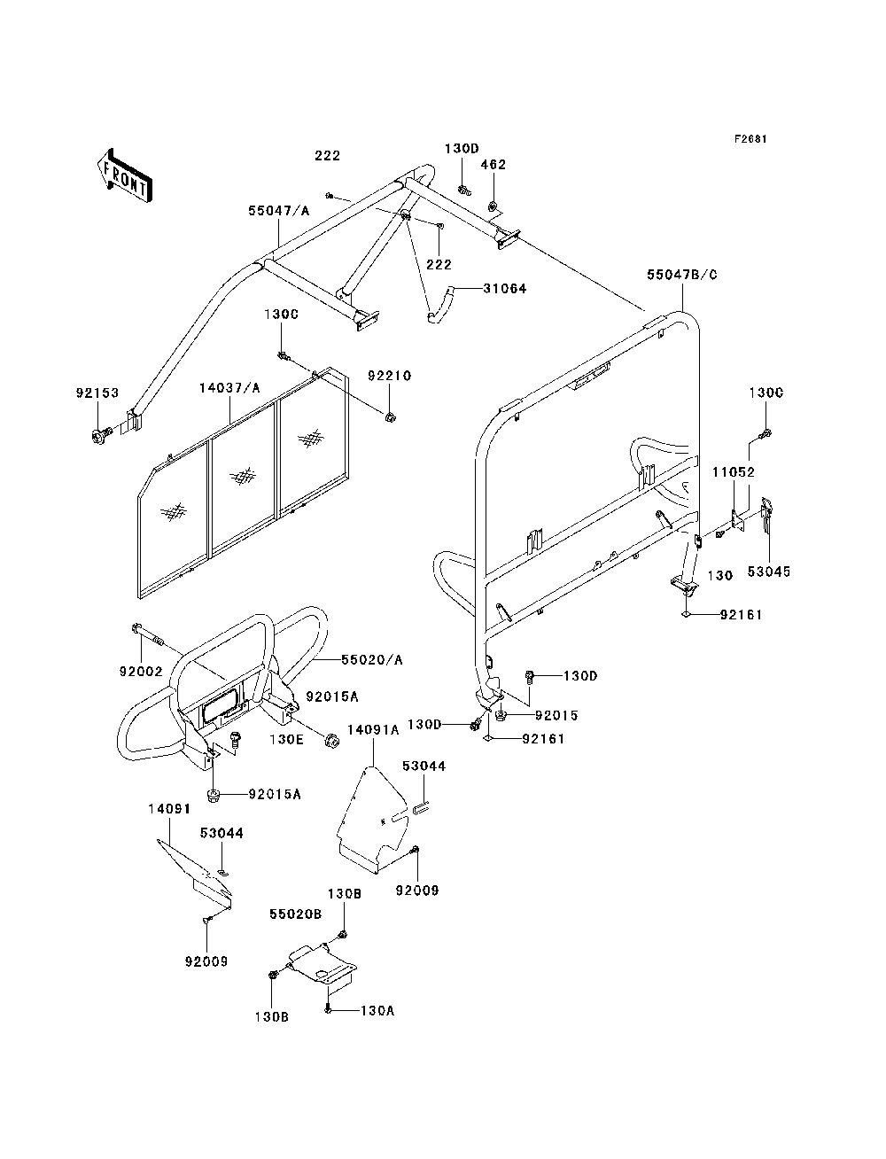 Guards/Cab Frame Diagram and Parts List for KAF950B7F 2007 & Prior Kawasaki Lawn Tractor Accessories