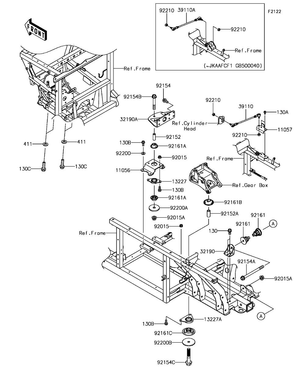 Engine Mount Diagram and Parts List for KAF1000FGF 2016 Kawasaki Lawn Tractor Accessories
