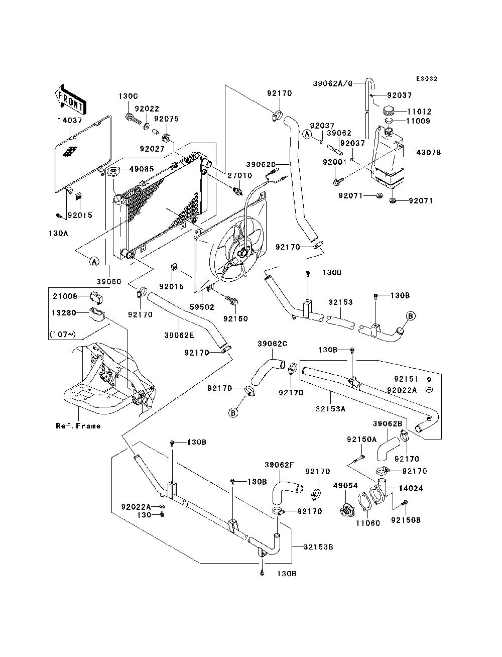 Radiator Diagram and Parts List for KAF620E7F 2007 & Prior Kawasaki Lawn Tractor Accessories