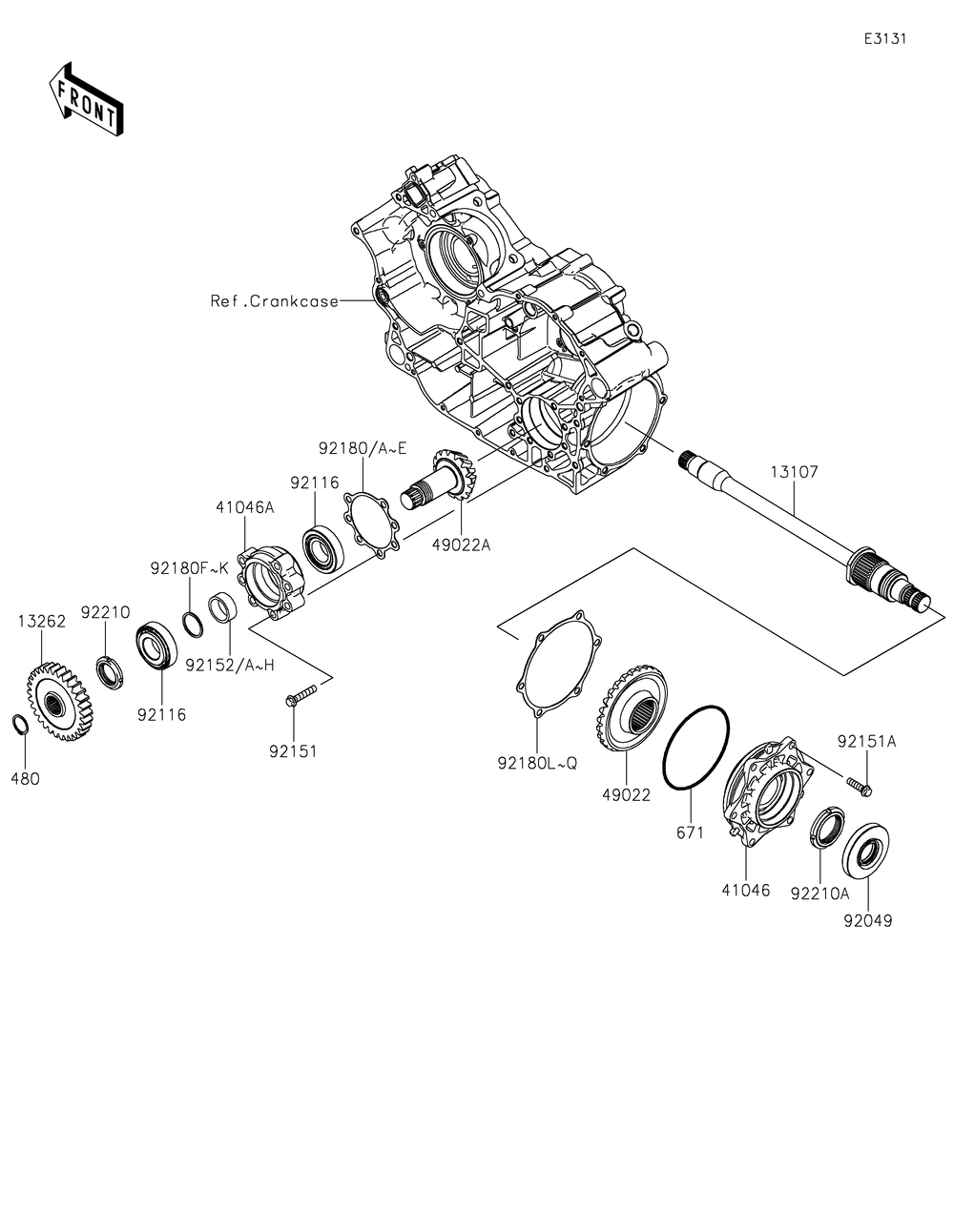 Front Bevel Gear Diagram and Parts List for KRF800FLF 2020 Kawasaki Lawn Tractor Accessories