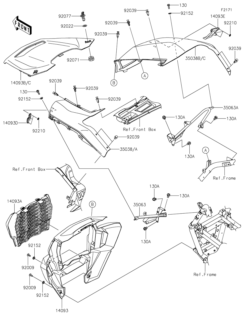 Front Fender Diagram and Parts List for KRF1000CPFNN 2023 Kawasaki Lawn Tractor Accessories