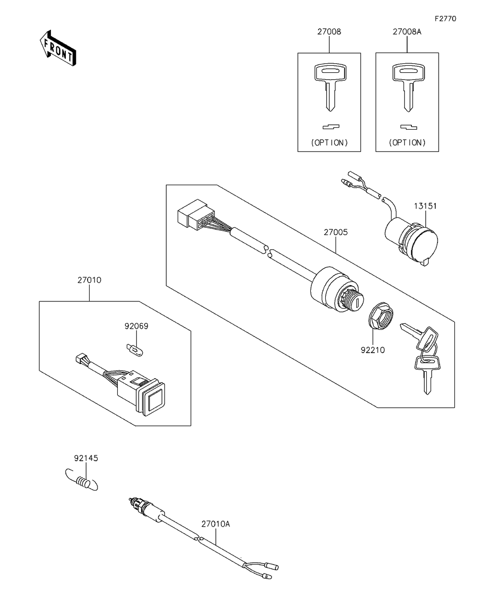 Ignition Switch Diagram and Parts List for KAF400EDF 2013 Kawasaki Lawn Tractor Accessories