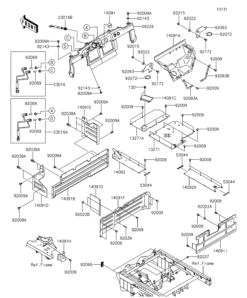 Frame Fittings Diagram and Parts List for KAF620RFF 2015 Kawasaki Lawn Tractor Accessories
