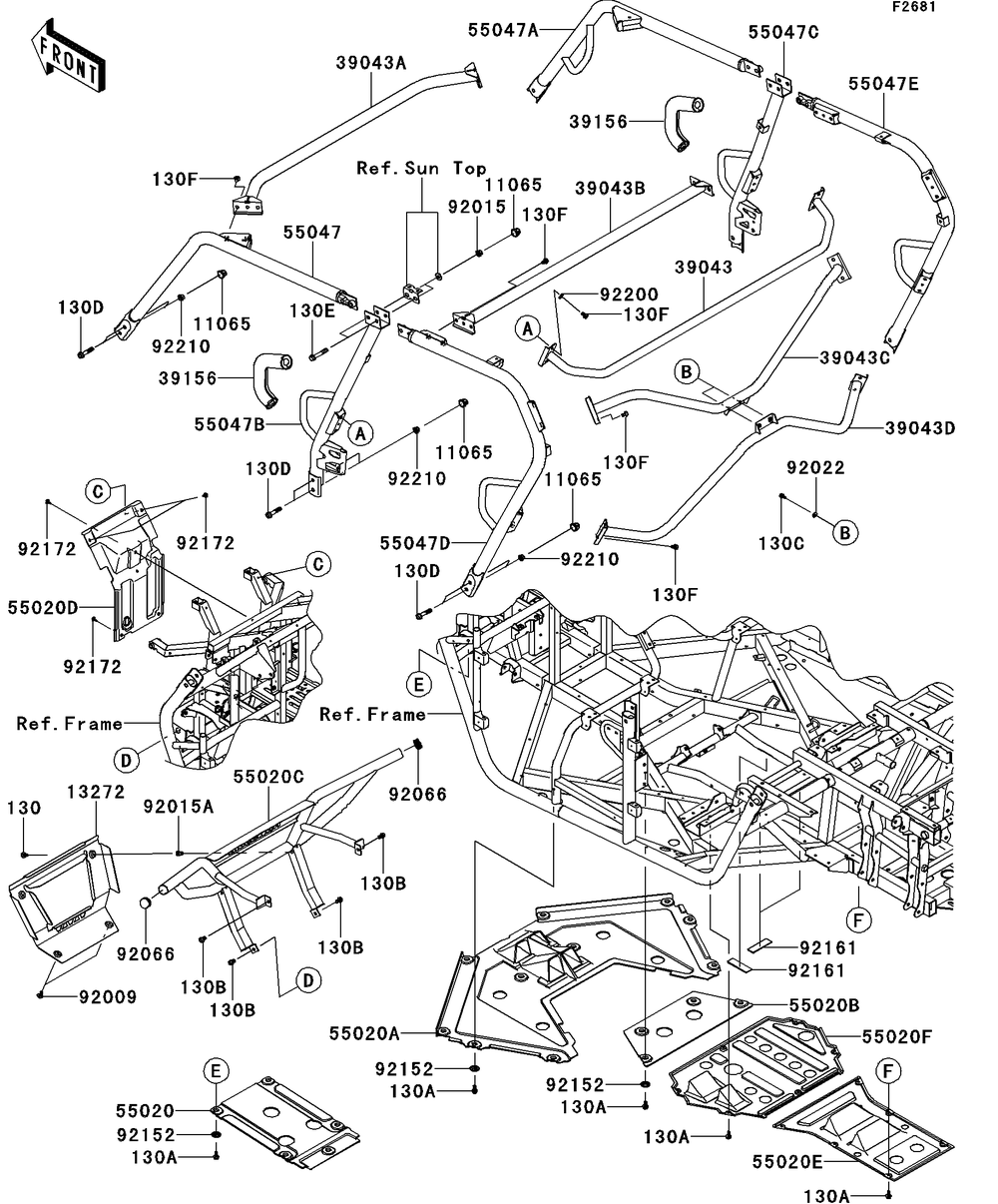 Guards/Cab Frame Diagram and Parts List for KRT750CCF 2012 Kawasaki Lawn Tractor Accessories