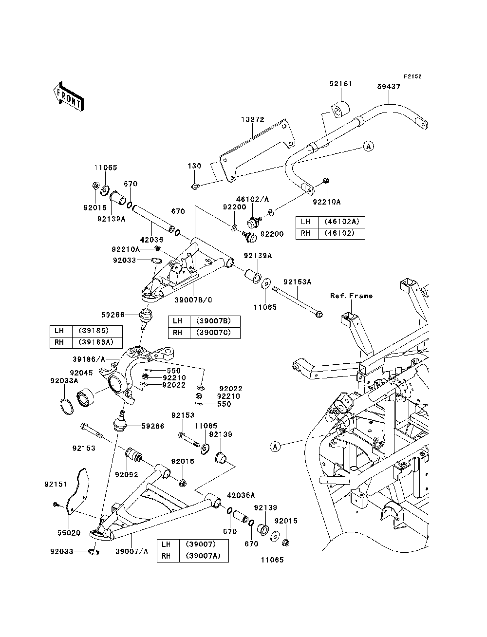 Front Suspension Diagram and Parts List for KRT800BEF 2014 Kawasaki Lawn Tractor Accessories