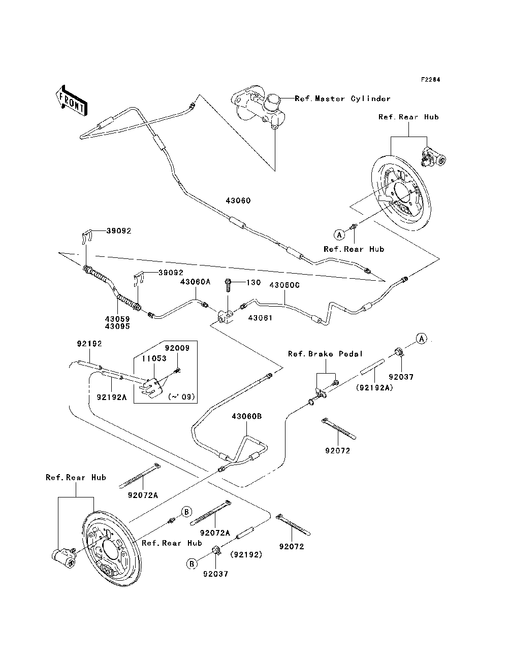 Rear Brake Piping Diagram and Parts List for KAF400A7F 2007 & Prior Kawasaki Lawn Tractor Accessories