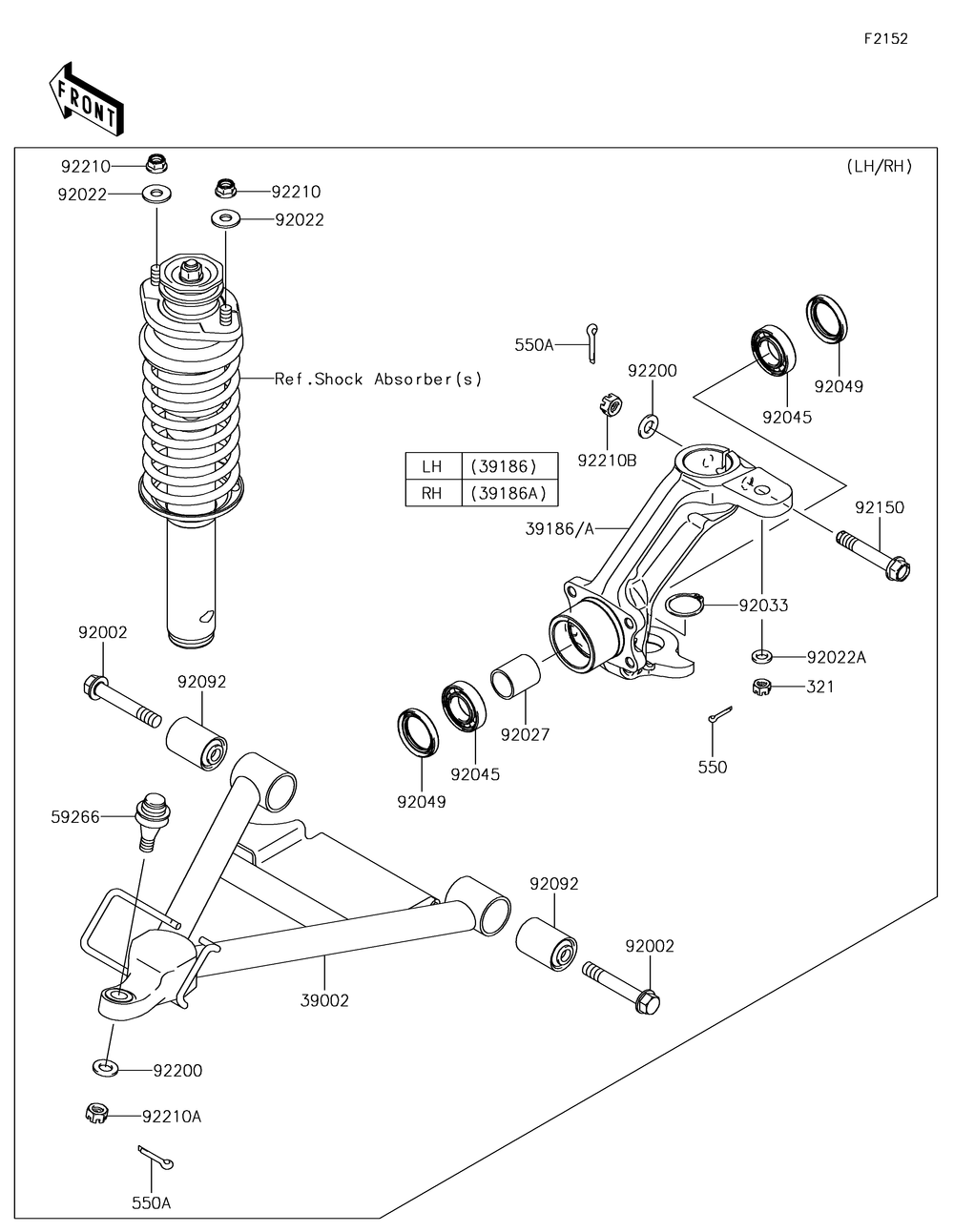 Front Suspension Diagram and Parts List for KAF620XJF 2018 Kawasaki Lawn Tractor Accessories