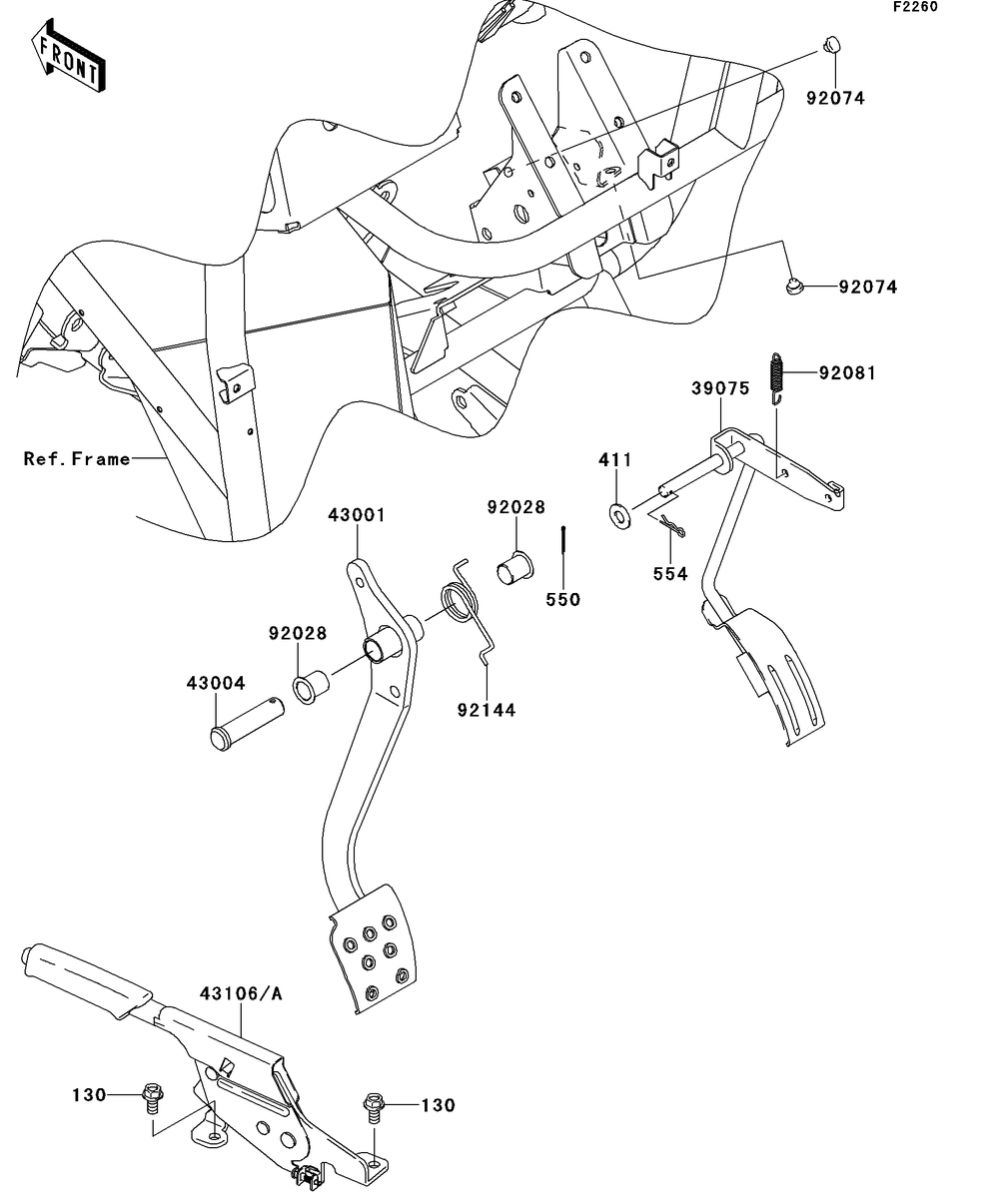 Brake Pedal/Throttle Lever Diagram and Parts List for KAF400BEF 2014 Kawasaki Lawn Tractor Accessories