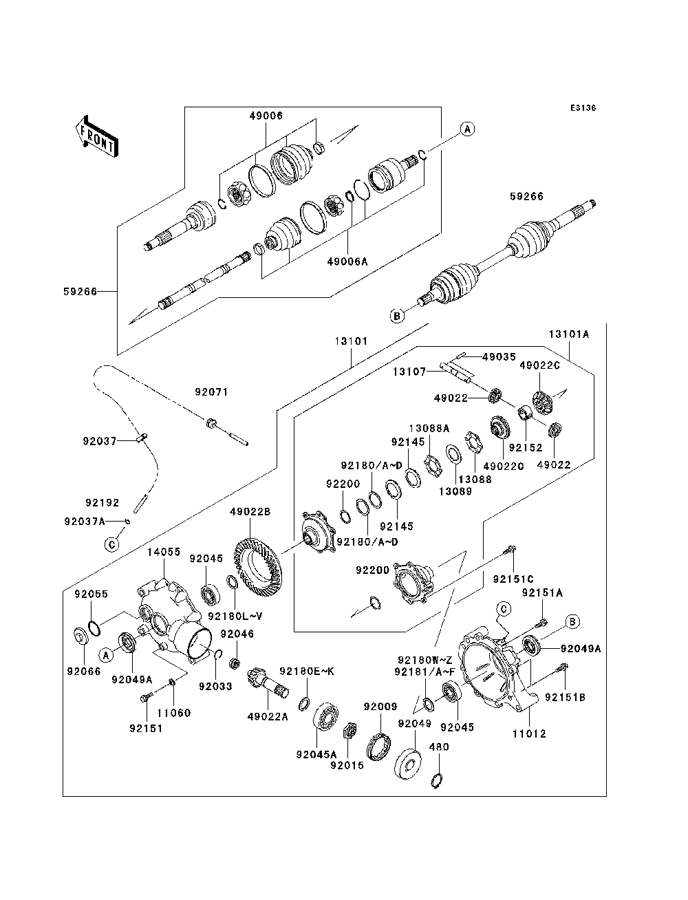 Drive Shaft-Front Diagram and Parts List for KAF400A7F 2007 & Prior Kawasaki Lawn Tractor Accessories