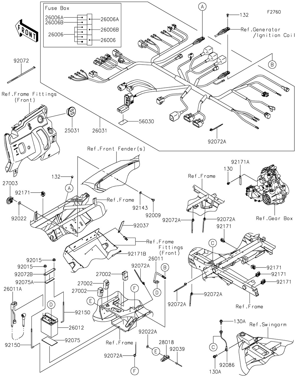 Chassis Electrical Equipment Diagram and Parts List for KAF400YPFNN 2023 Kawasaki Lawn Tractor Accessories