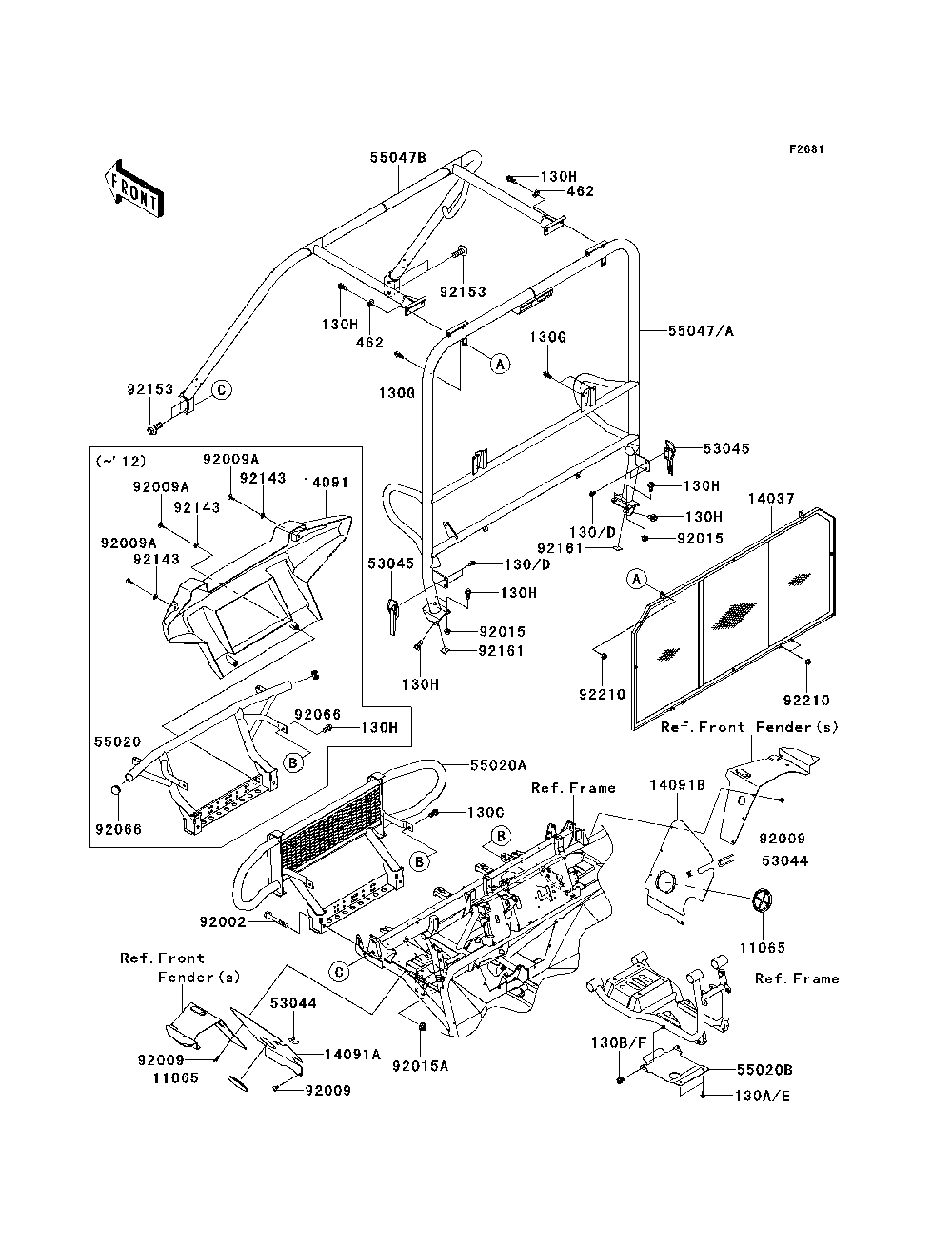 Guards/Cab Frame Diagram and Parts List for KAF620MDF 2013 Kawasaki Lawn Tractor Accessories