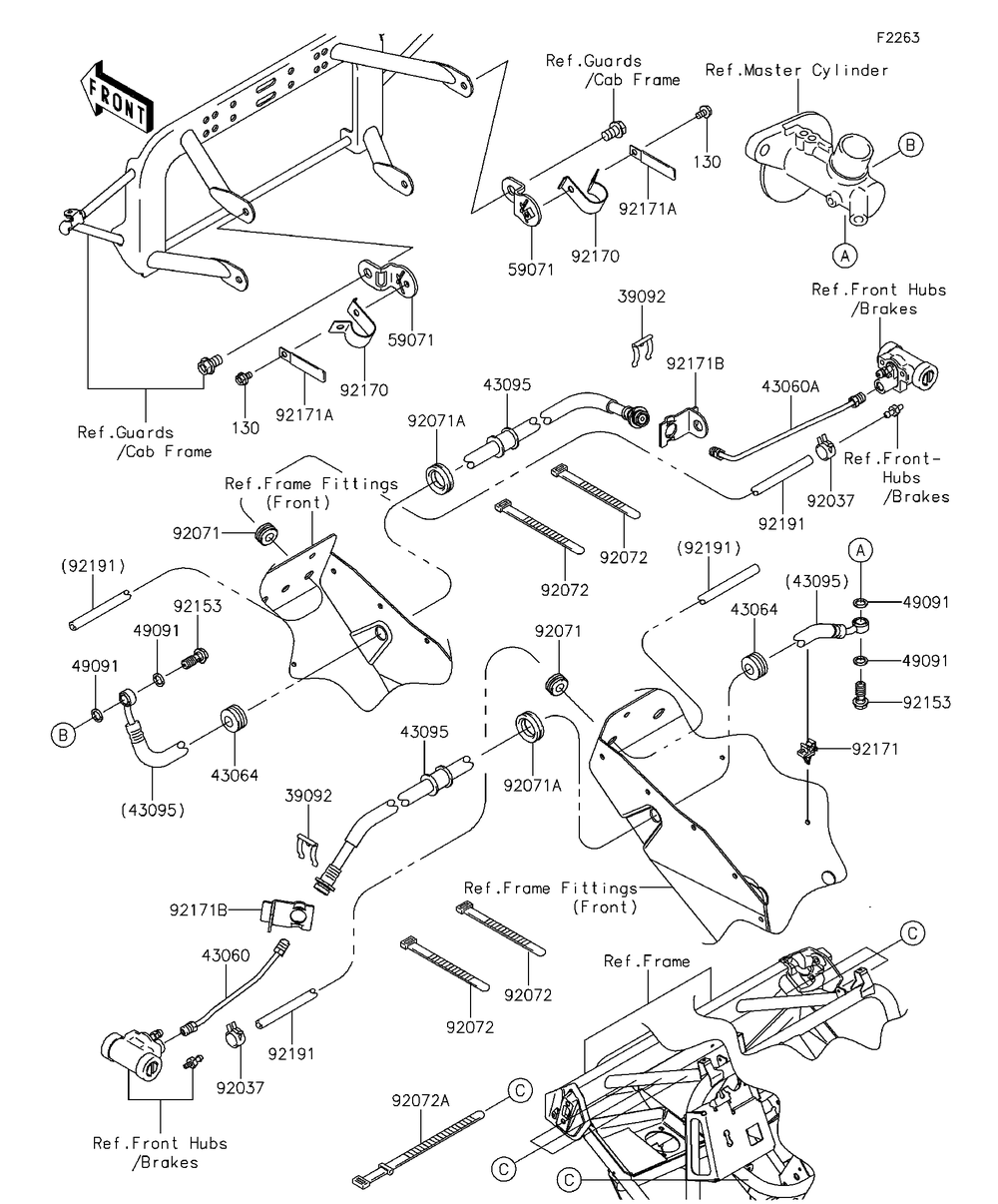 Front Brake Piping Diagram and Parts List for KAF400EDF 2013 Kawasaki Lawn Tractor Accessories