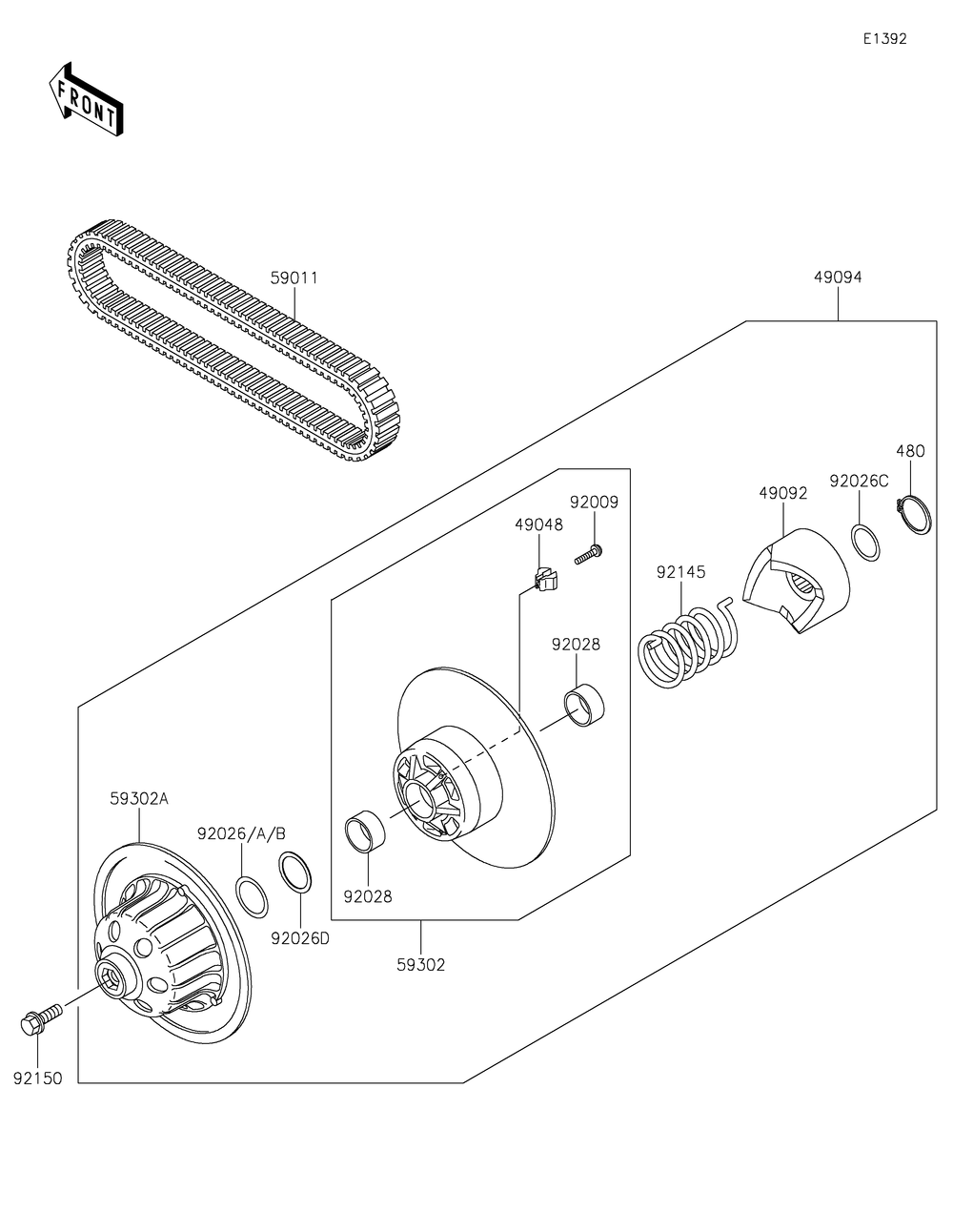 Driven Converter/Drive Belt Diagram and Parts List for KAF620MLF 2020 Kawasaki Lawn Tractor Accessories