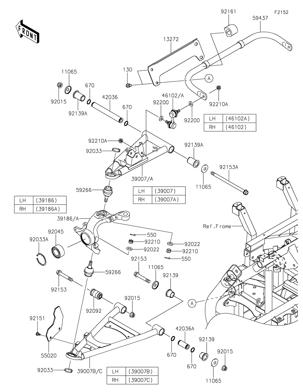 Front Suspension Diagram and Parts List for KRF800GMFNN 2021 Kawasaki Lawn Tractor Accessories
