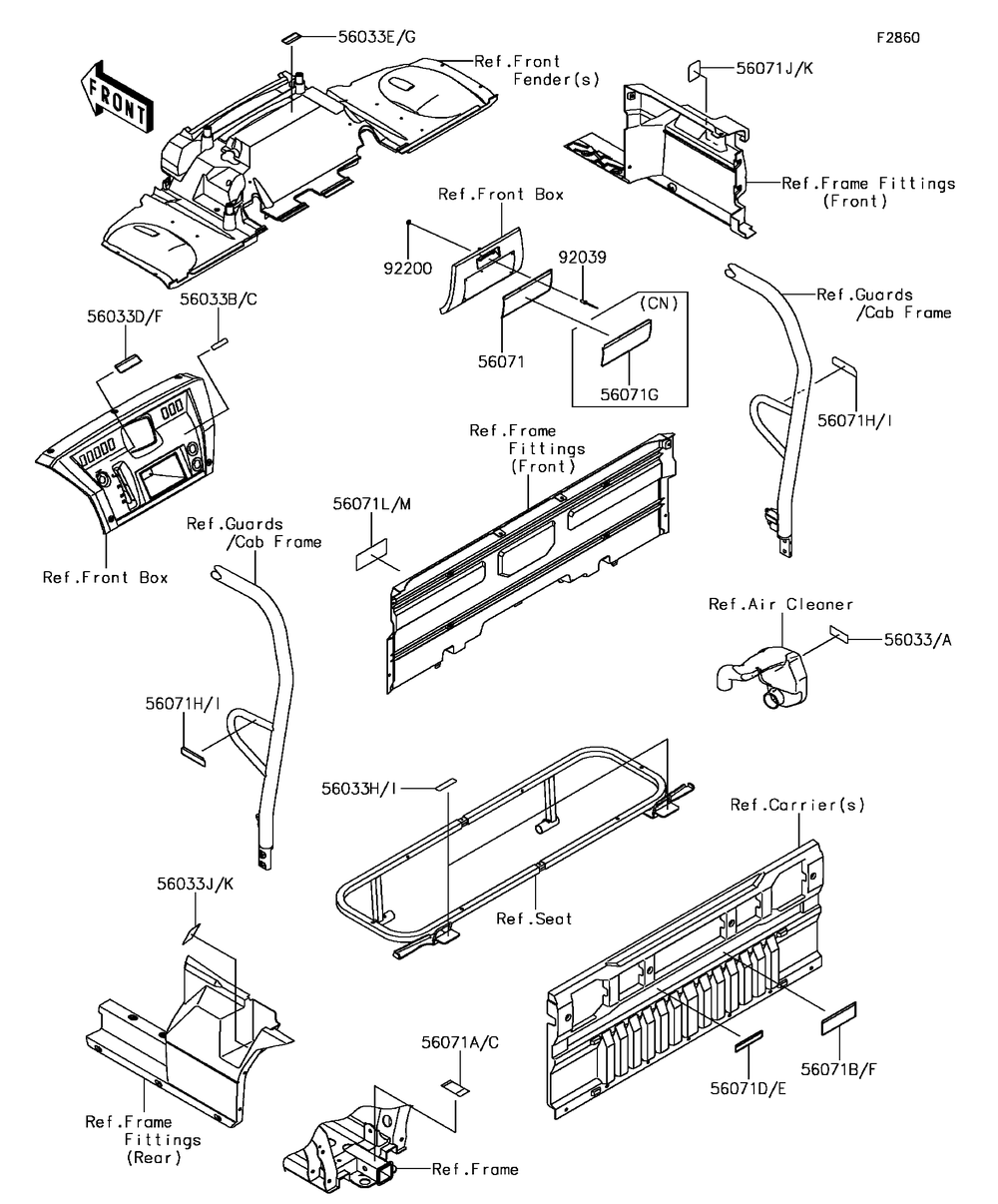 Labels Diagram and Parts List for KAF1000BGF 2016 Kawasaki Lawn Tractor Accessories