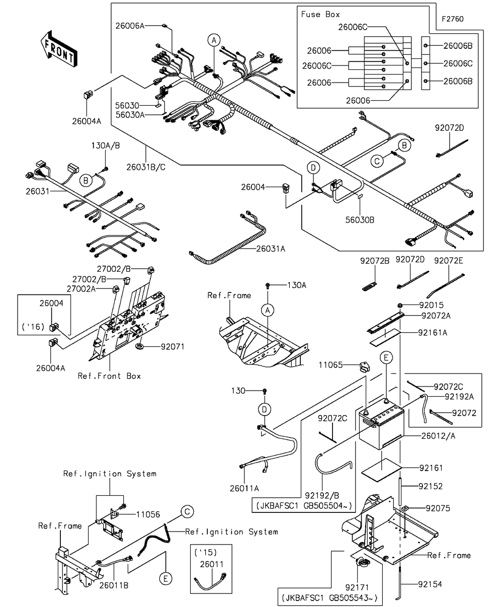 Chassis Electrical Equipment Diagram and Parts List for KAF820CFF 2015 Kawasaki Lawn Tractor Accessories