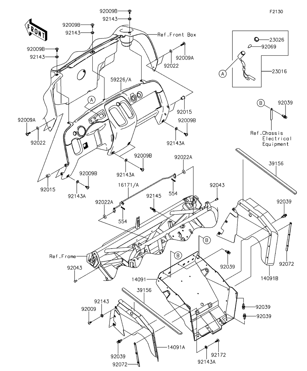 Frame Fittings Diagram and Parts List for KAF400EDF 2013 Kawasaki Lawn Tractor Accessories
