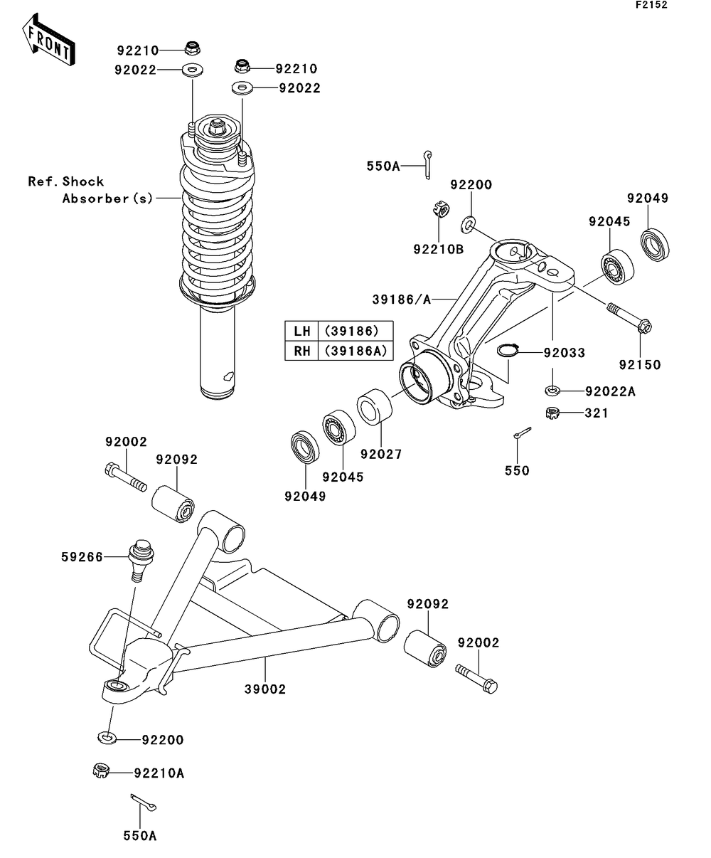 Front Suspension Diagram and Parts List for KAF950GDF 2013 Kawasaki Lawn Tractor Accessories
