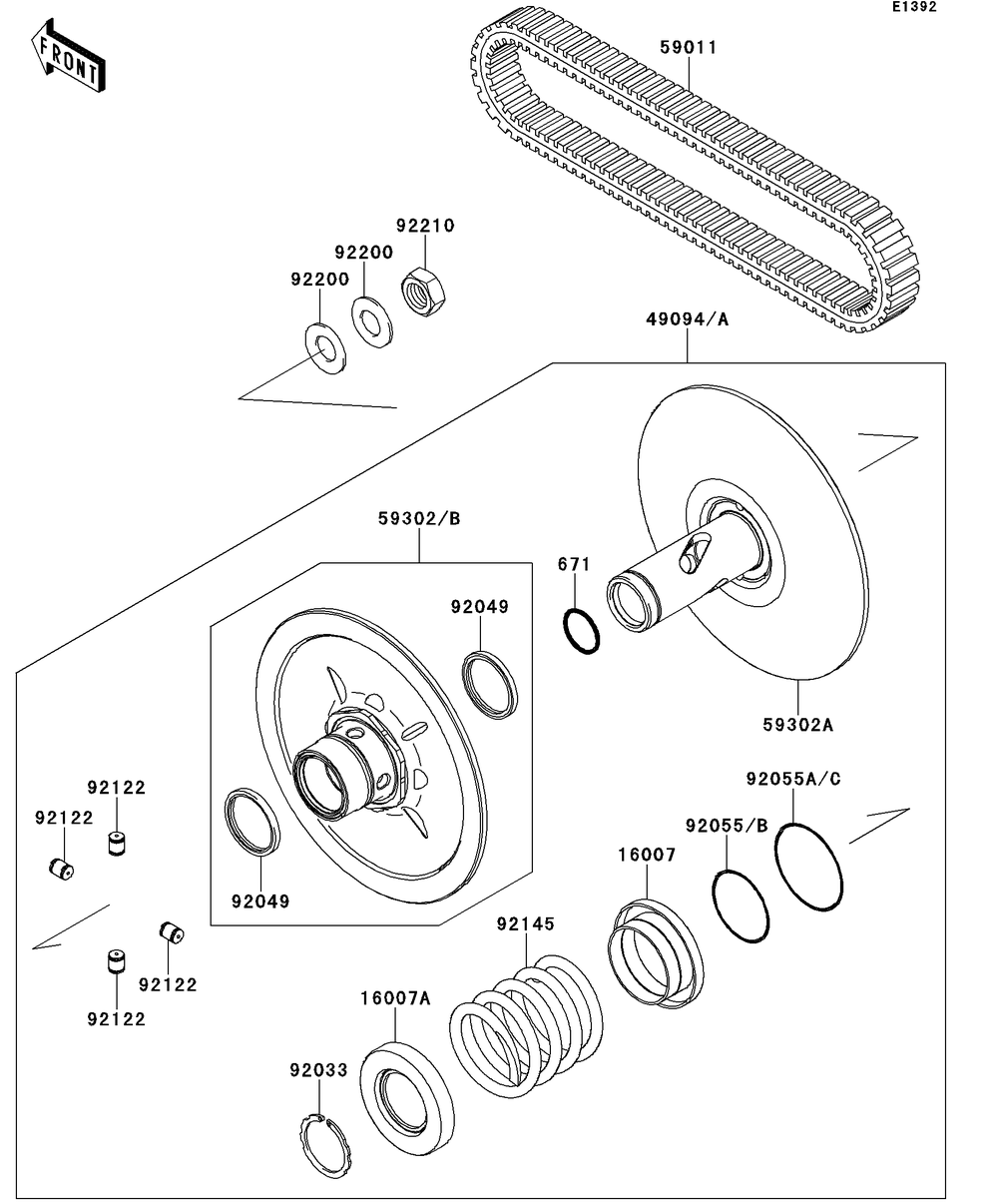 Driven Converter/Drive Belt Diagram and Parts List for KRT750DCF 2012 Kawasaki Lawn Tractor Accessories