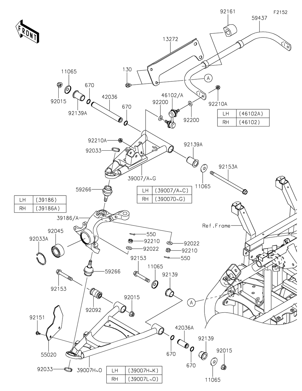 Front Suspension Diagram and Parts List for KRT800FHF 2017 Kawasaki Lawn Tractor Accessories