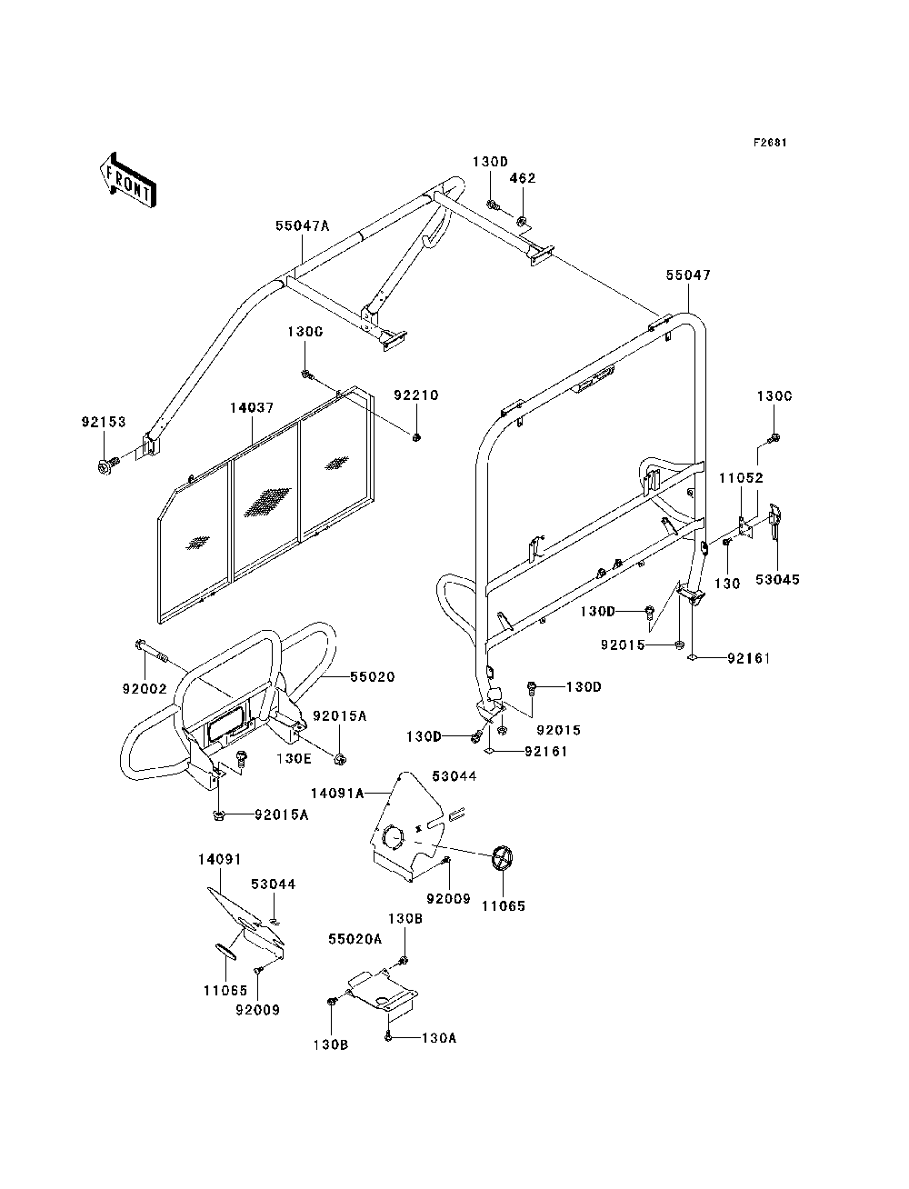 Guards/Cab Frame Diagram and Parts List for KAF950D8F 2008 Kawasaki Lawn Tractor Accessories