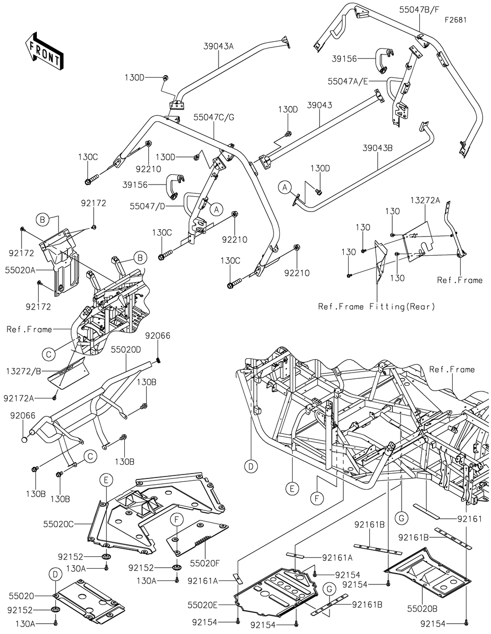 Guards/Cab Frame Diagram and Parts List for KRF800HLF 2020 Kawasaki Lawn Tractor Accessories