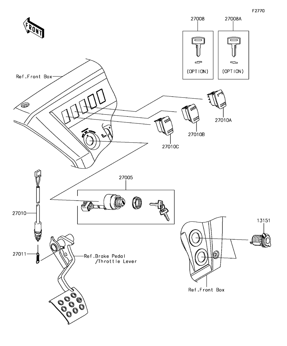 Ignition Switch Diagram and Parts List for KAF820FHF 2017 Kawasaki Lawn Tractor Accessories
