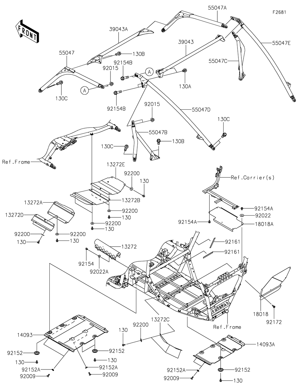 Guards/Cab Frame Diagram and Parts List for KRF1000DPFNL 2023 Kawasaki Lawn Tractor Accessories