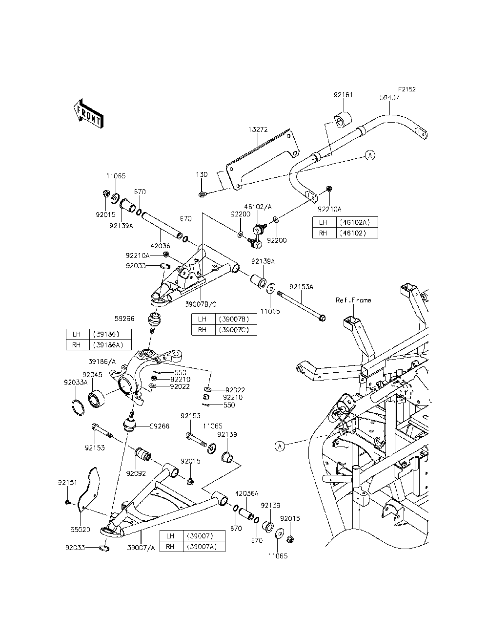 Front Suspension Diagram and Parts List for KRT800DFF 2015 Kawasaki Lawn Tractor Accessories